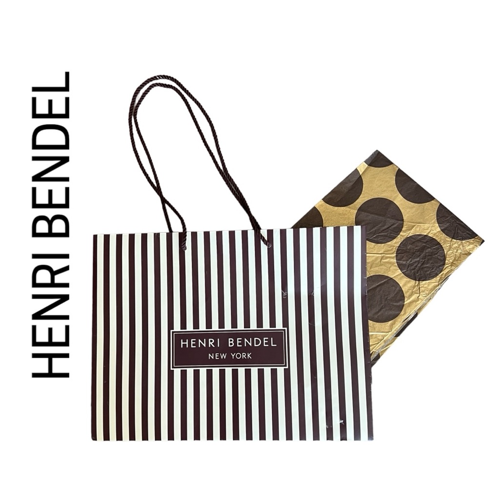 HENRI BENDEL Gift Bag 16wx12hx6d w/ tissue paper brown wht stripes cord handles